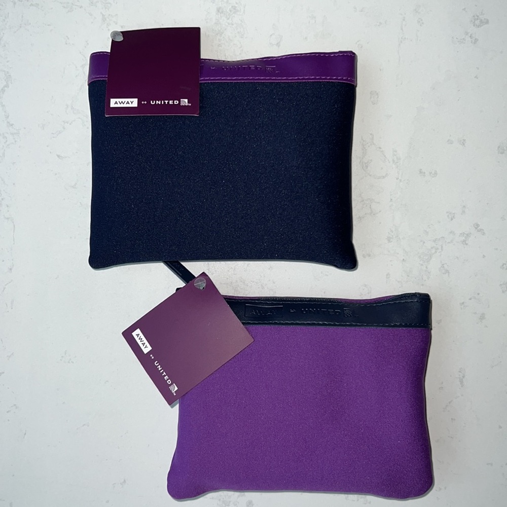 2 United Airlines x Away Travel Amenity Kit Blue Purple Zip Pouch Bag Neoprene